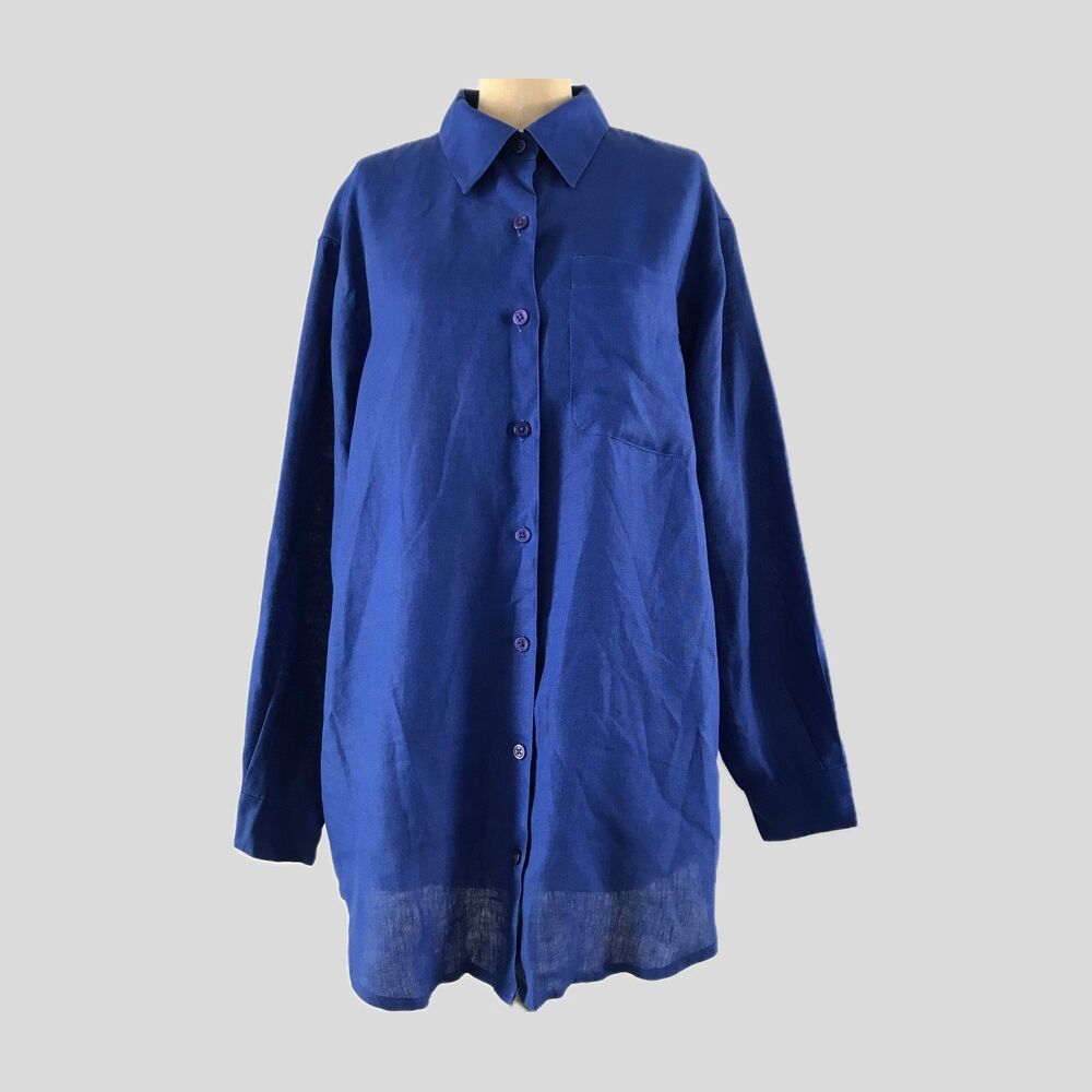 Vintage 1990s Liz Claiborne Blue Linen Long Sleeve Casual Shirt Womens L